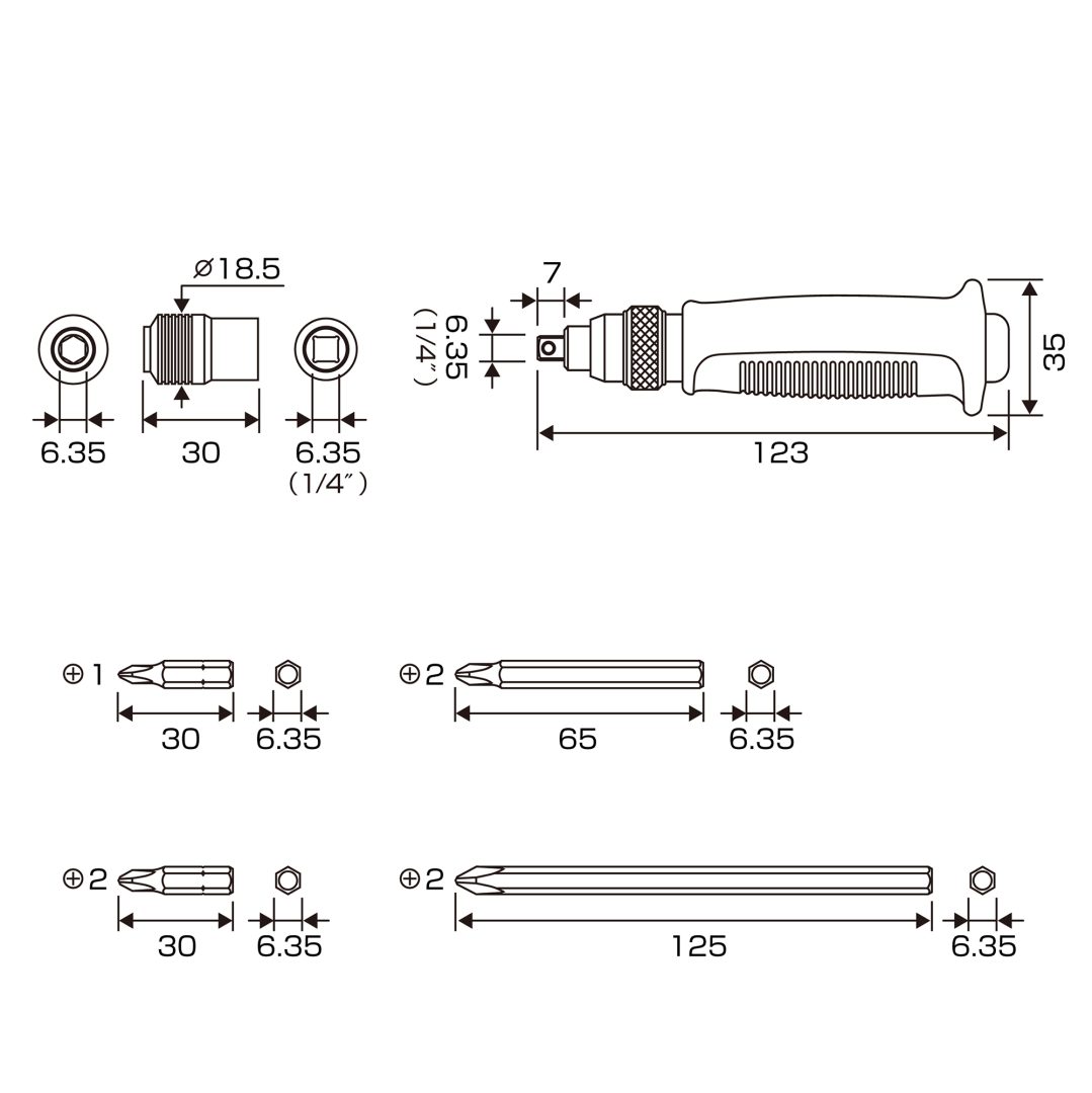 Anex Mini Impact Screwdriver with 4 Bits Drive: 6.35 mm (1/4”) 1903-S
