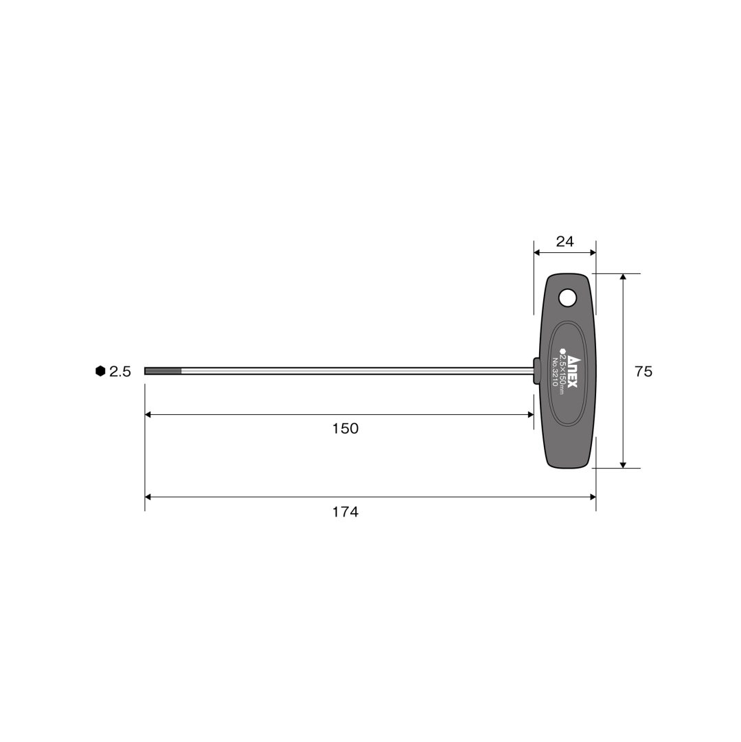 Anex T-Handle Hex Key Screwdriver Long Type H2.5x150 3210