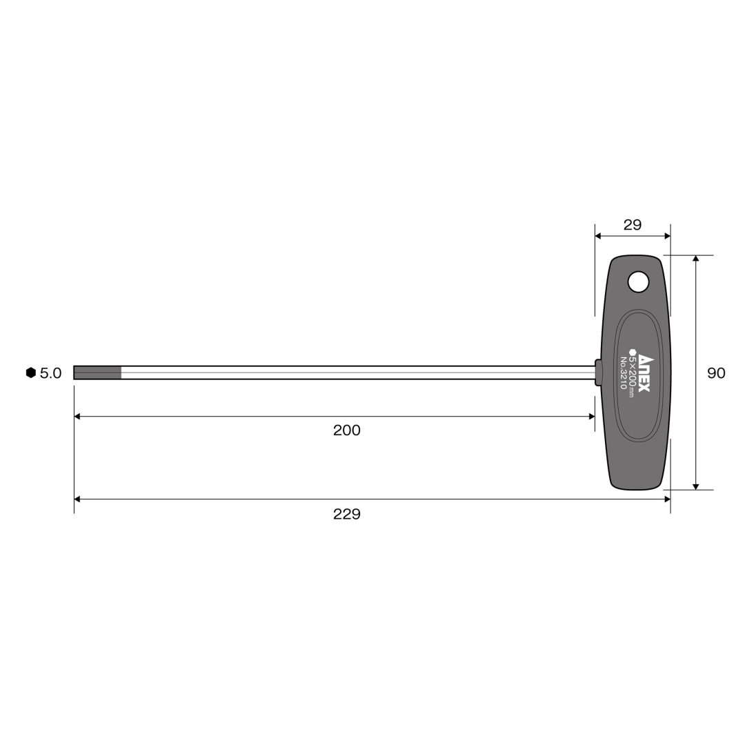 Anex T-Handle Hex Key Screwdriver Long Type H5.0x200 3210