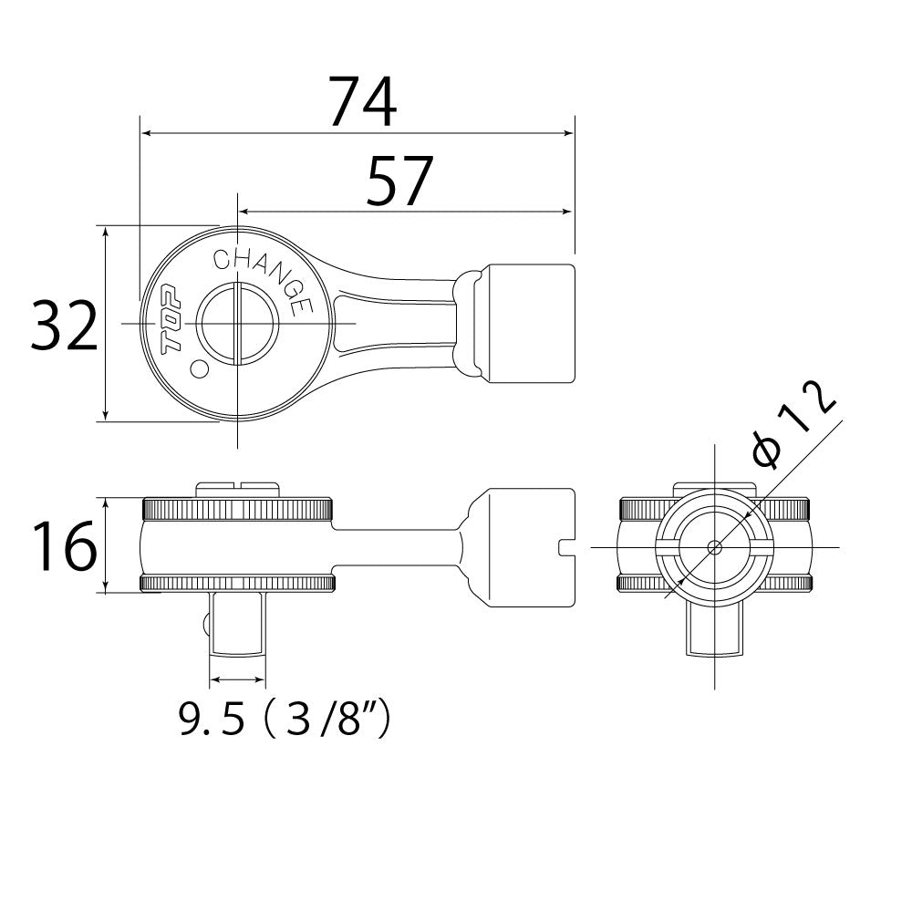 TOP Kogyo Ratchet Torque Head 9.5mm Drive 12mm Dia. RH3-12TH