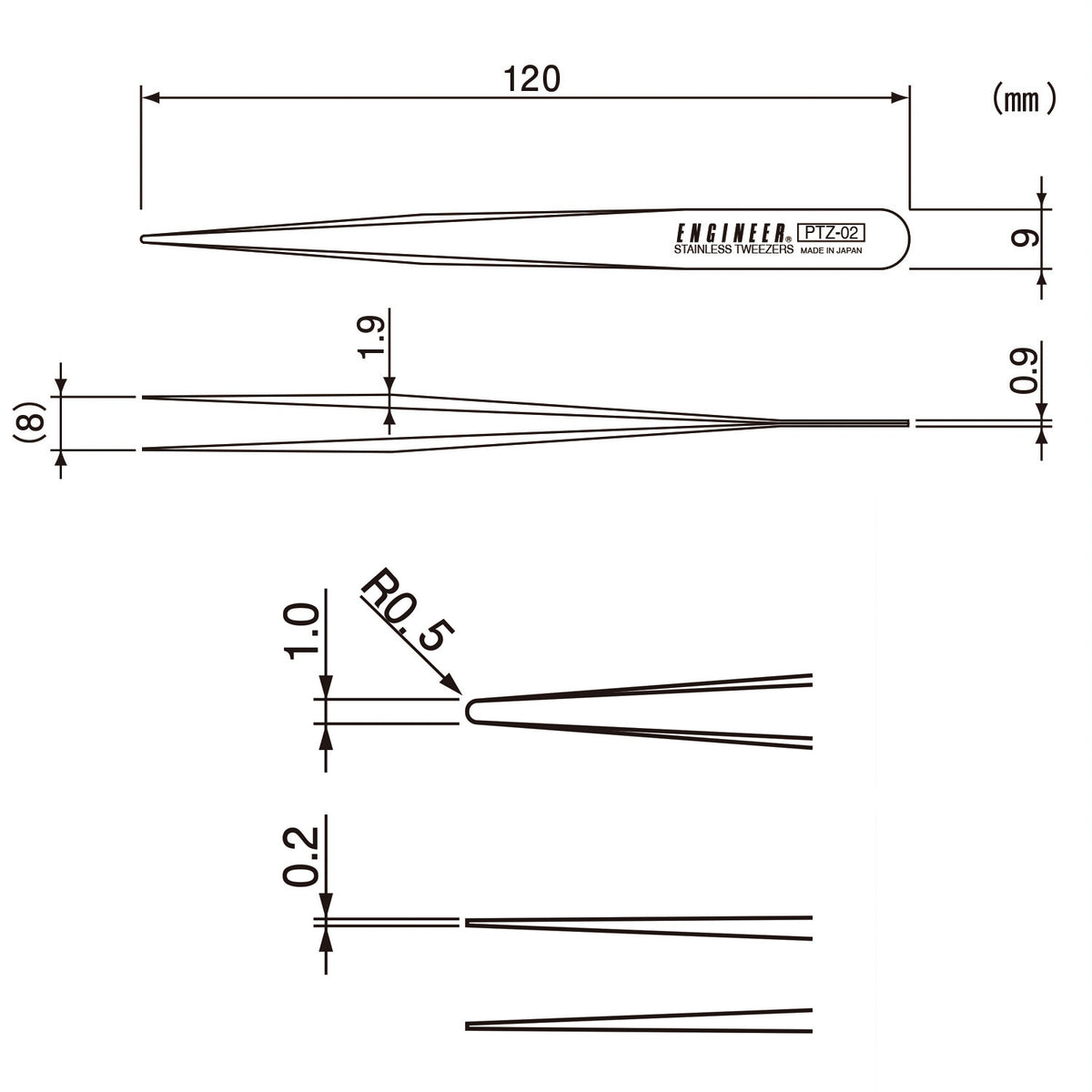 Engineer Precision Tweezers 0.5 mm Tip 120 mm PTZ-02