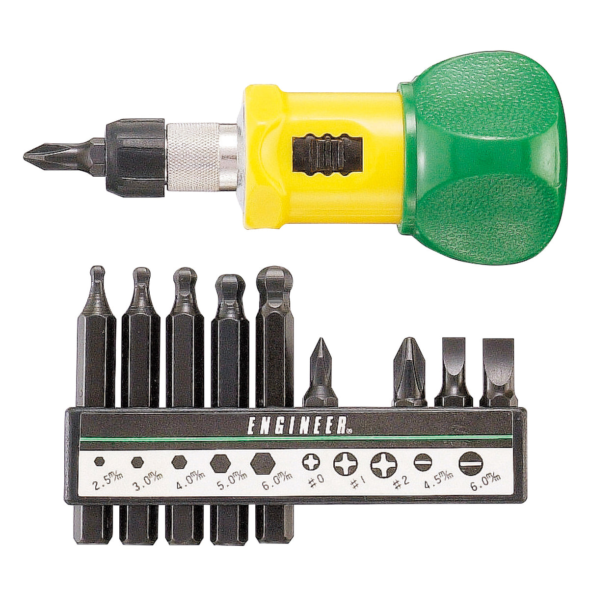 Engineer Ratchet Stubby Screwdriver 10-Piece Set Phillips Slotted and Hex DR-04