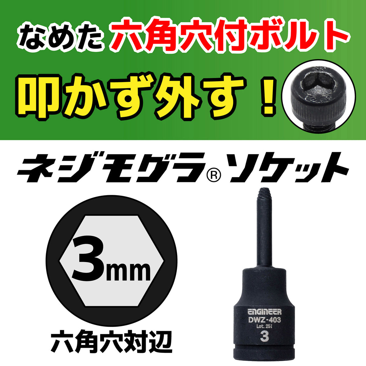 Engineer Nejimogura Socket for Stripped Hex Socket Bolts 3 mm (9.5 mm Drive) DWZ-403