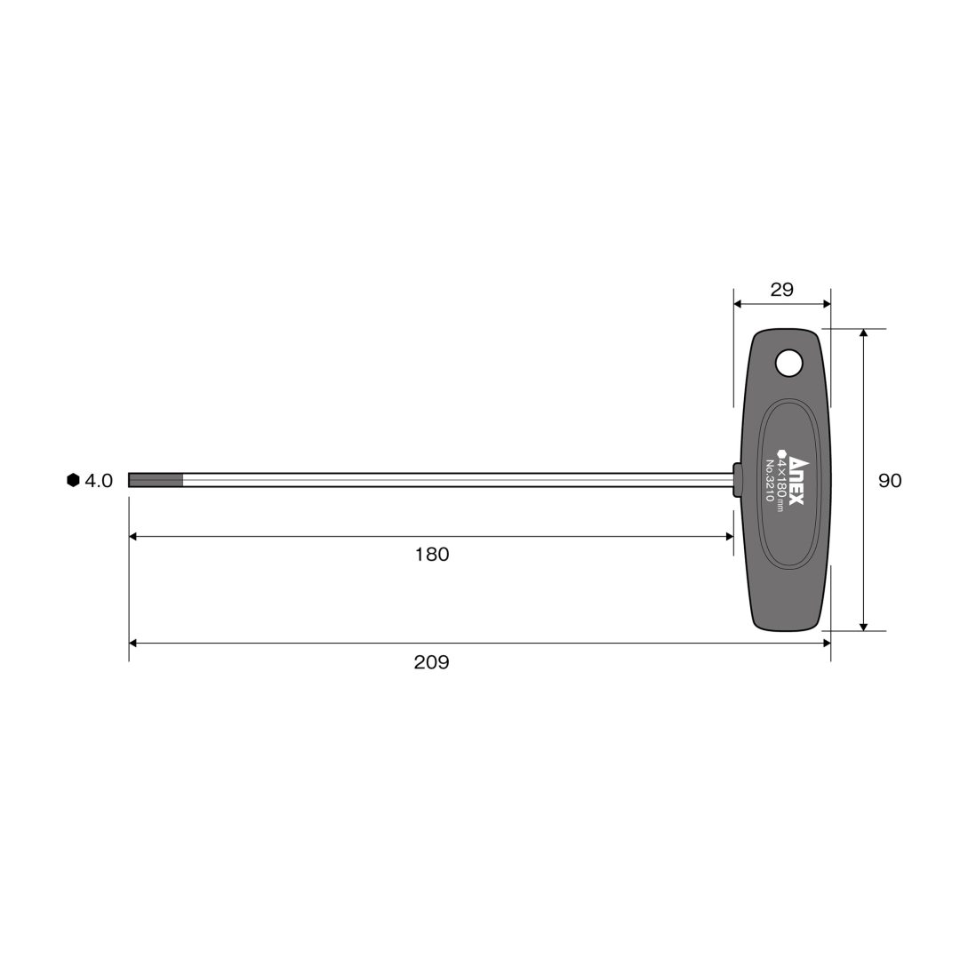 Anex T-Handle Hex Key Screwdriver Long Type H4.0x180 3210