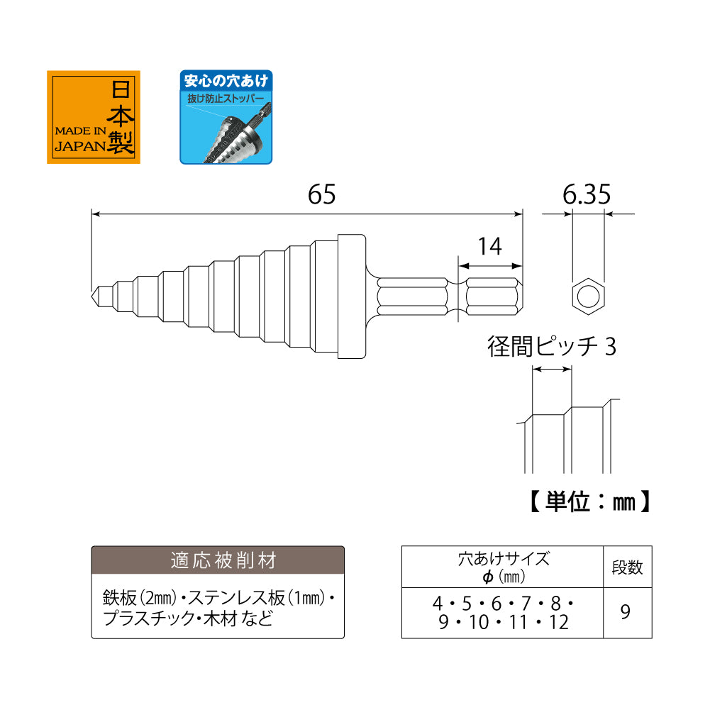 TOP Kogyo Hex Shank Step Drill 4 to 12mm ESD-412