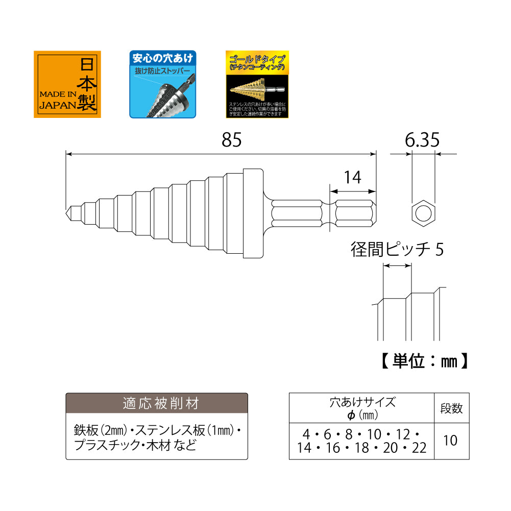 TOP Kogyo Hex Shank Step Drill with Titanium Coating 4 to 22mm ESD-422G