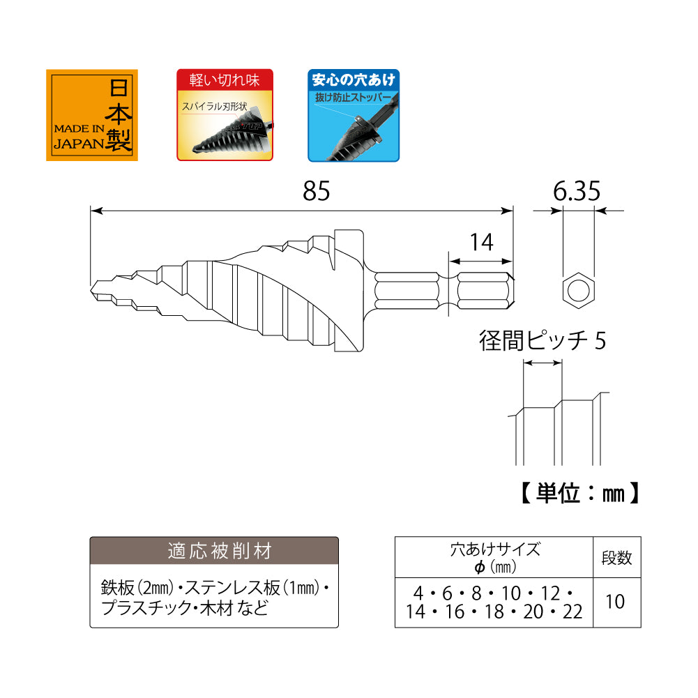 TOP Kogyo Hex Shank Spiral Step Drill Bit 4 to 22mm ESD-422S
