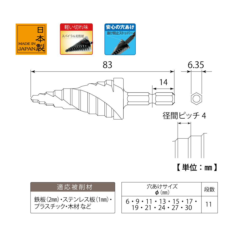 TOP Kogyo Hex Shank Spiral Step Drill Bit with Titanium Coating 6 to 30mm ESD-630SG