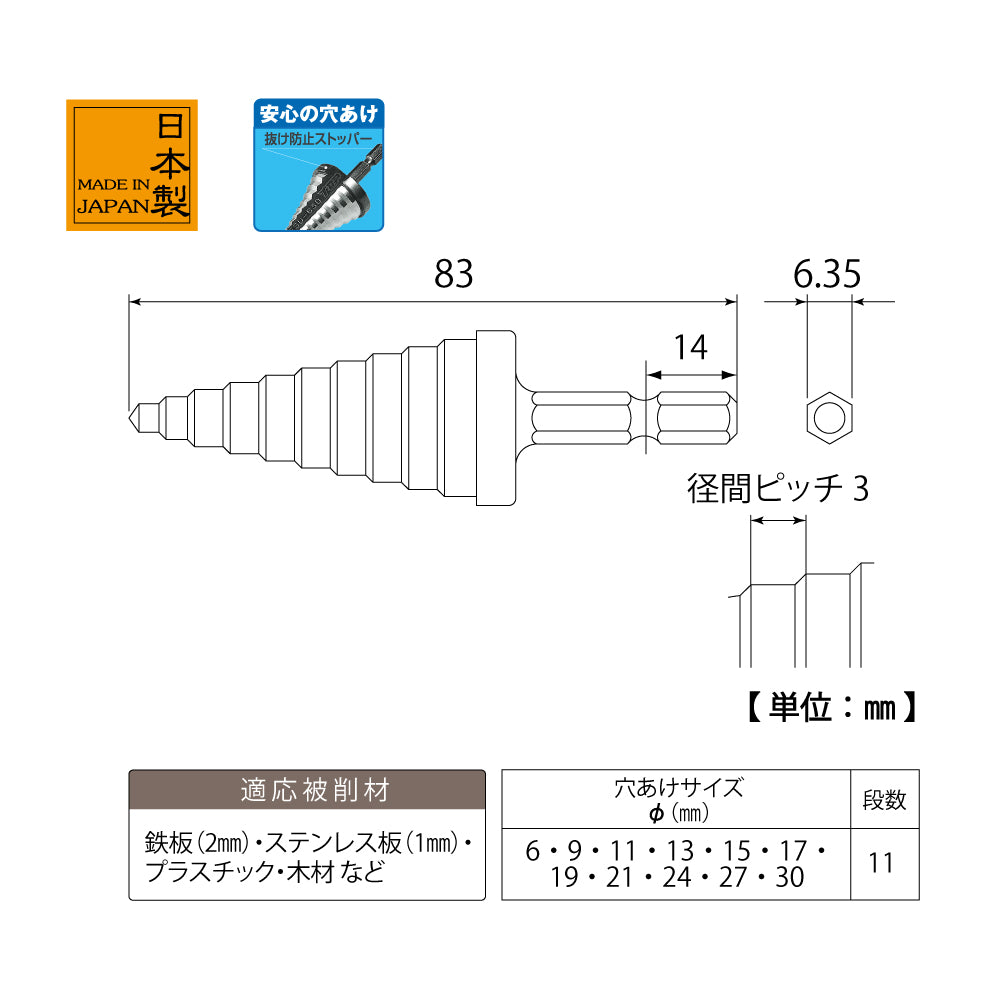 TOP Kogyo Hex Shank Step Drill 6 to 30mm ESD-630