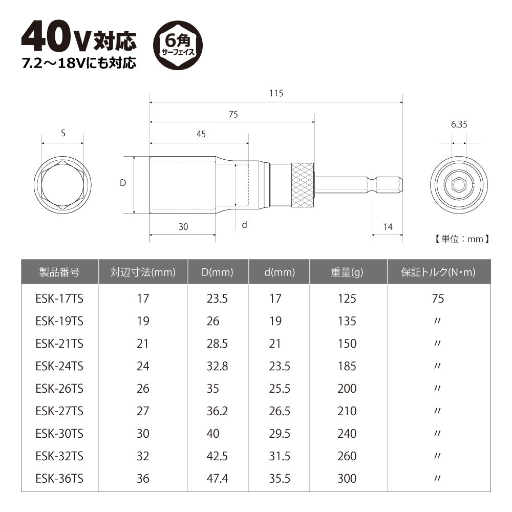 TOP Kogyo Strong Replaceable Shaft Socket 36mm ESK-36TS