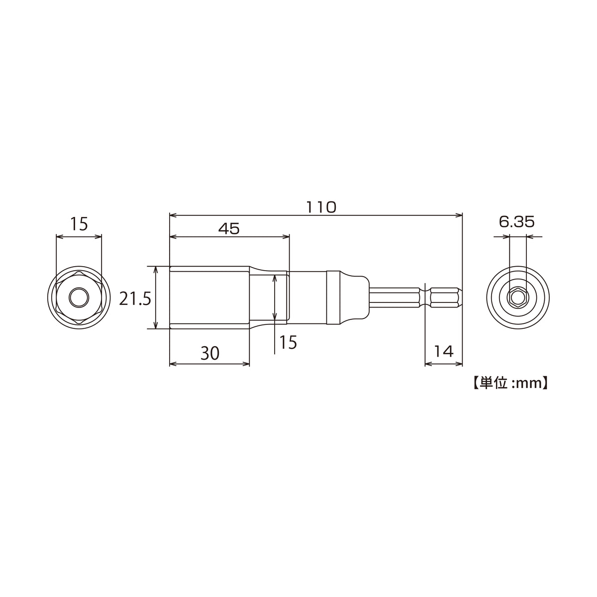 TOP Kogyo Strong Shaft Socket 15mm ETS-15