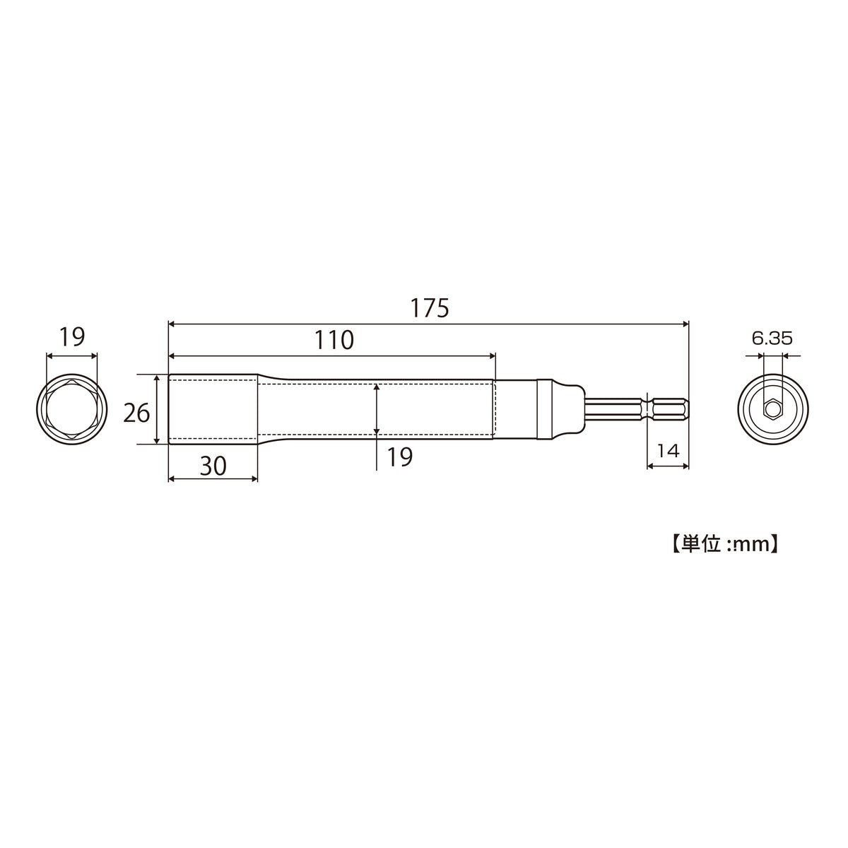 TOP Kogyo Strong Shaft Socket Long Type 19mm ETS-19L