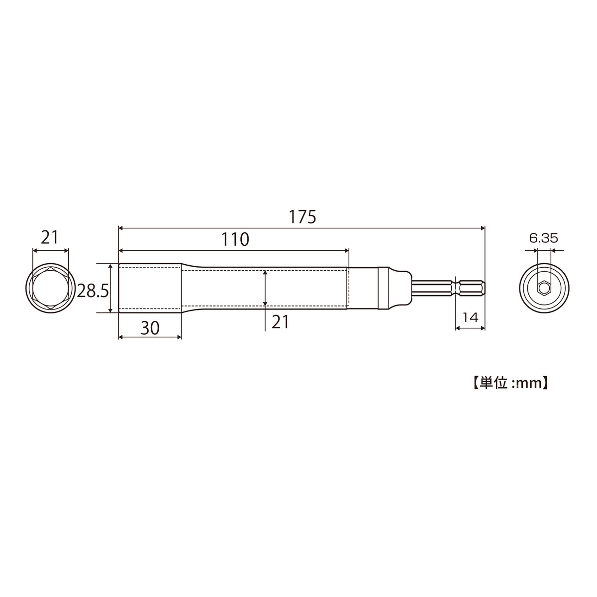 TOP Kogyo Strong Shaft Socket Long Type 21mm ETS-21L