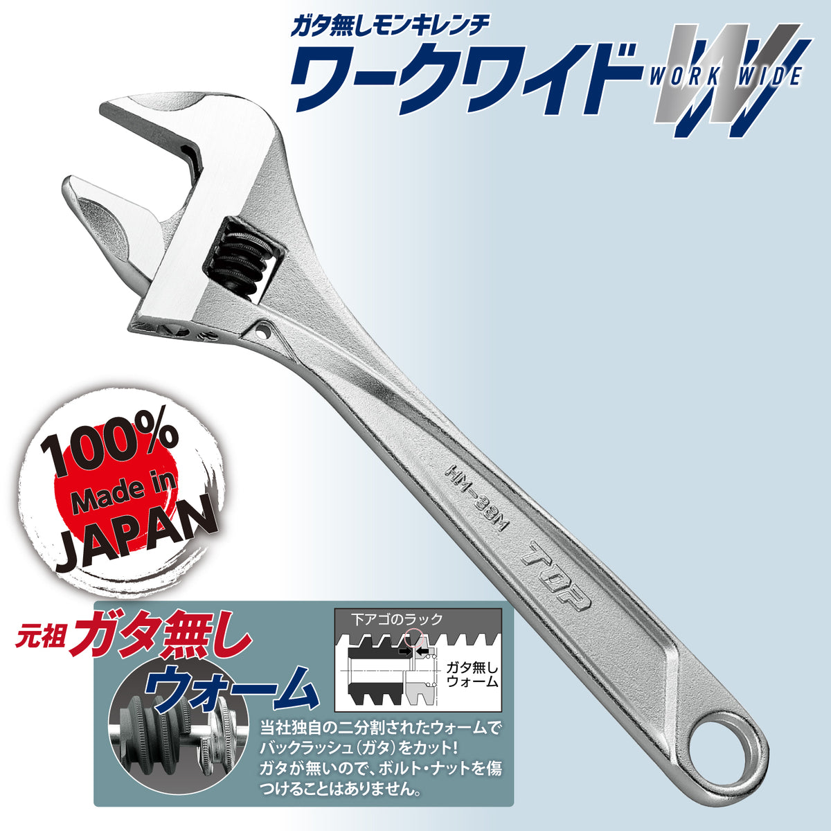 TOP Kogyo Work-Wide Adjustable Wrench 25mm Jaw Opening HM-25M