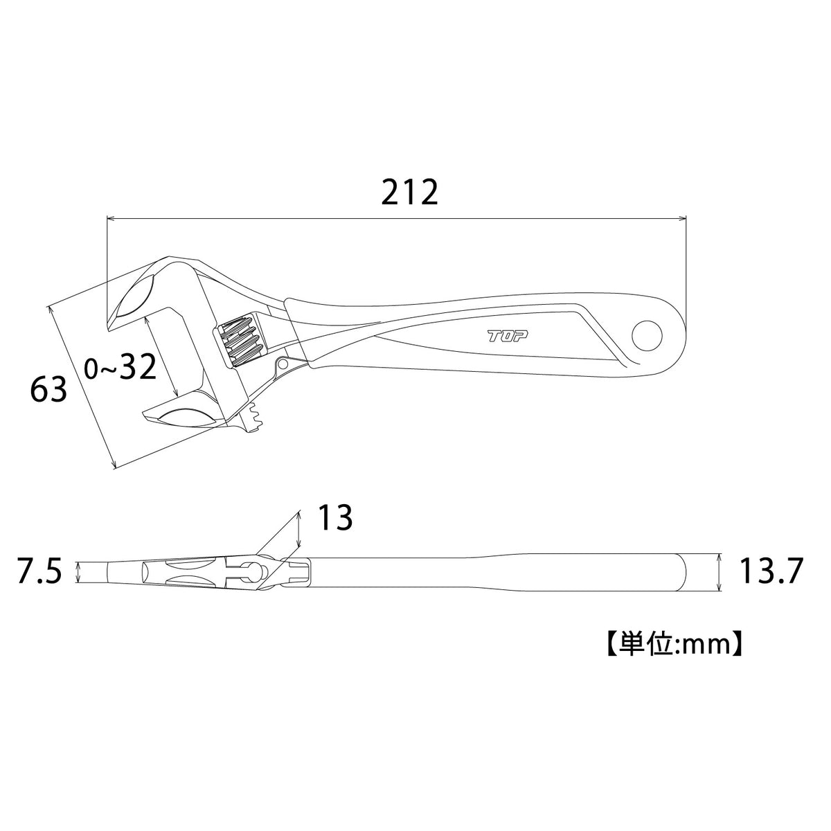 TOP Kogyo Work-Wide Adjustable Wrench with Grip 32mm Jaw Opening, Red Grip HM-32MGR