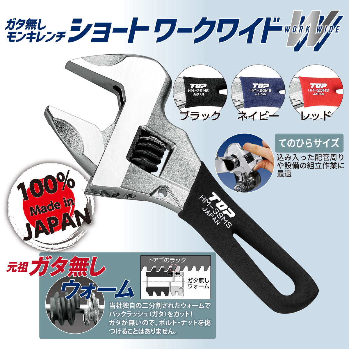 TOP Kogyo Short Work-Wide Adjustable Wrench 32mm Jaw Opening, Red Grip HM-32MSR