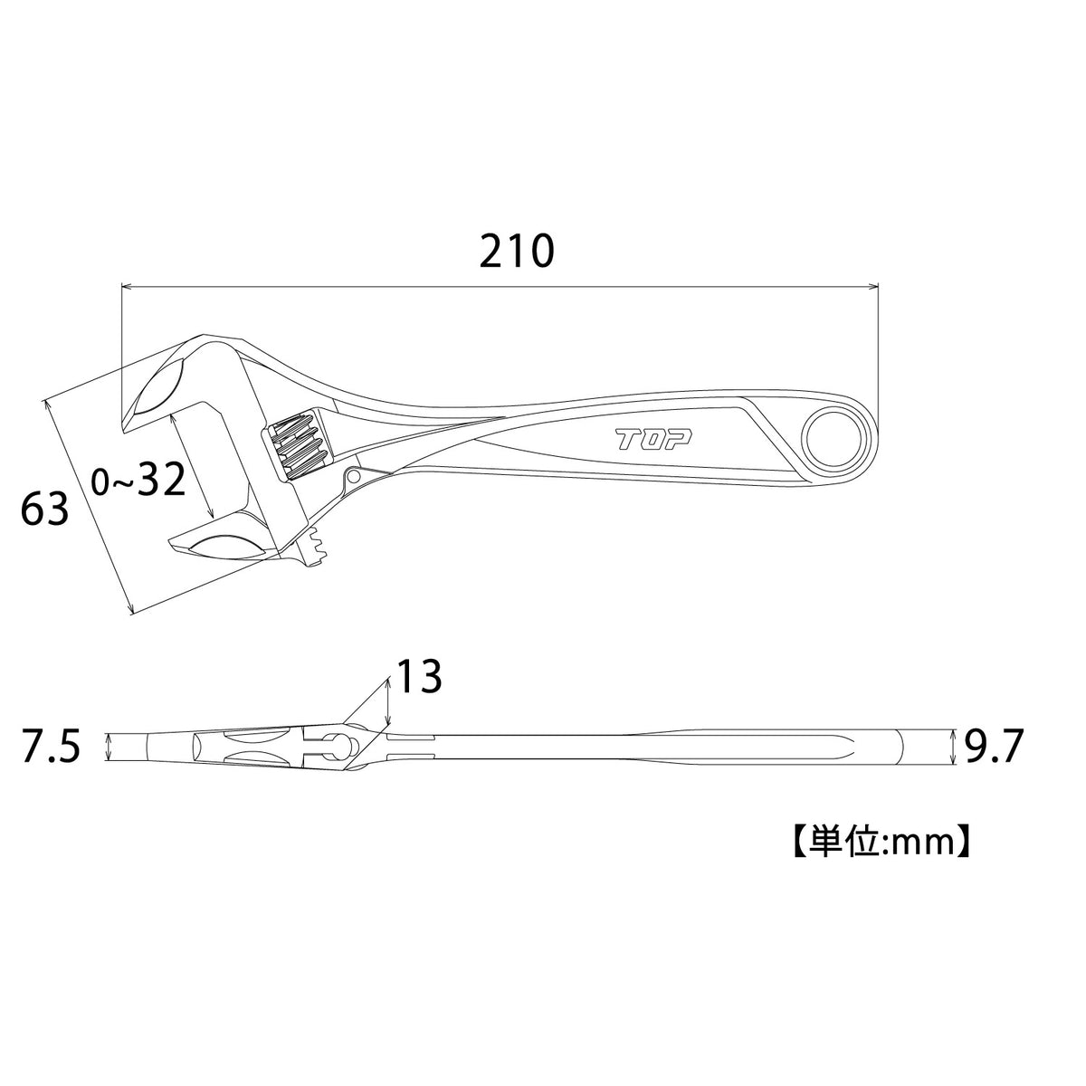 TOP Kogyo Work-Wide Adjustable Wrench 32mm Jaw Opening HM-32M