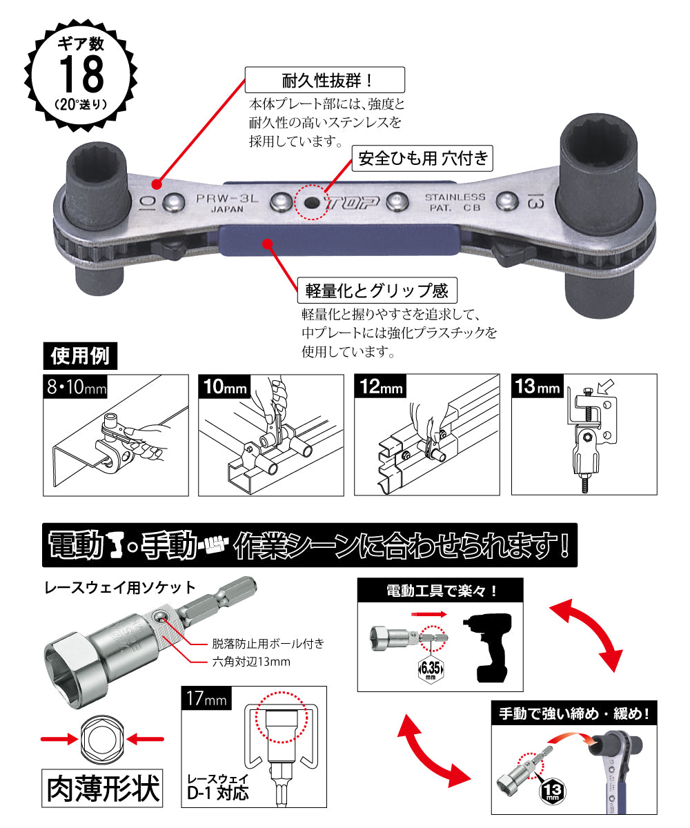 TOP Kogyo Raku-Latch Ratchet Wrench with Raceway Socket PRW-3LS