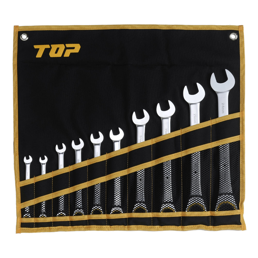 TOP Kogyo Ratchet Combination Wrench Set in Tool Bag, 10 Pieces RCW-10000S