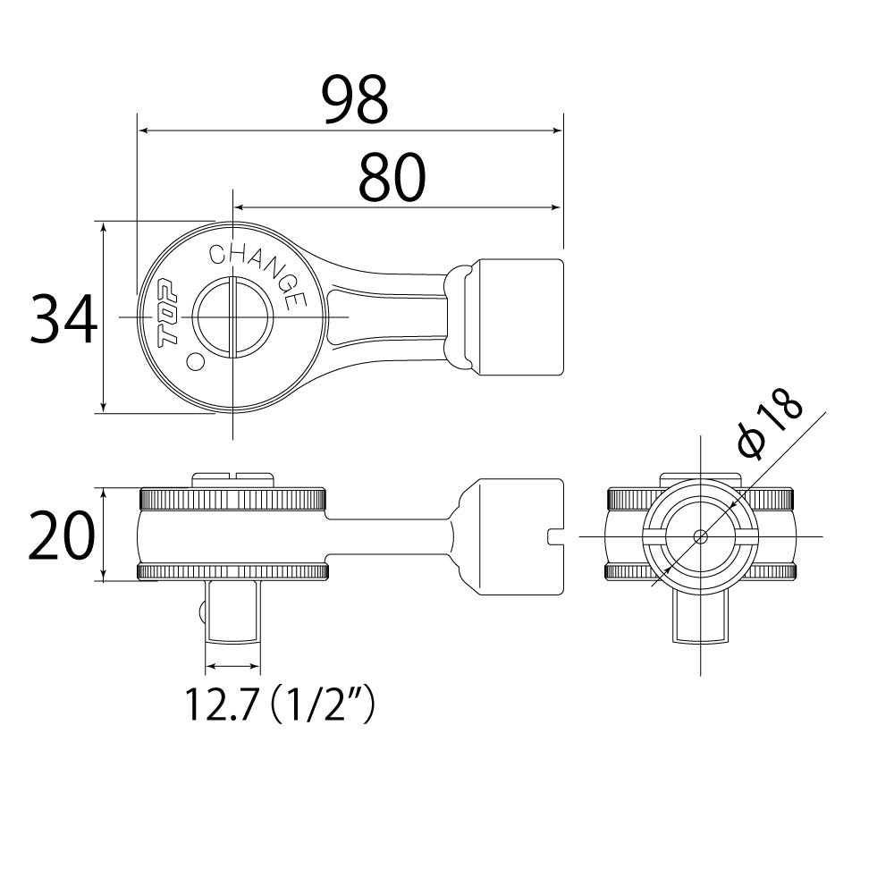 TOP Kogyo Ratchet Torque Head 12.7mm Drive 18mm Dia. RH4-18TH