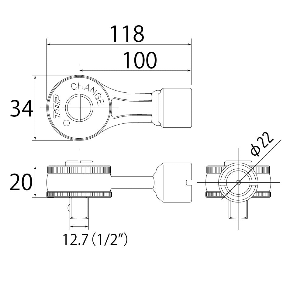 TOP Kogyo Ratchet Torque Head 12.7mm Drive 22mm Dia. RH4-22TH