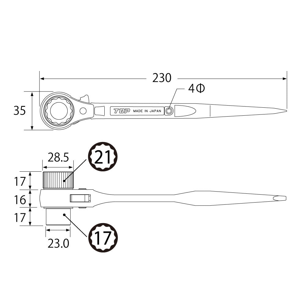 TOP Kogyo Short Straight Ratchet Wrench 17 x 21mm RM-17X21CSN